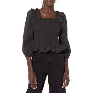The Drop Marisol Cropped Top Black Smocked Square Neck‎ Ruffled Long Sleeve XS